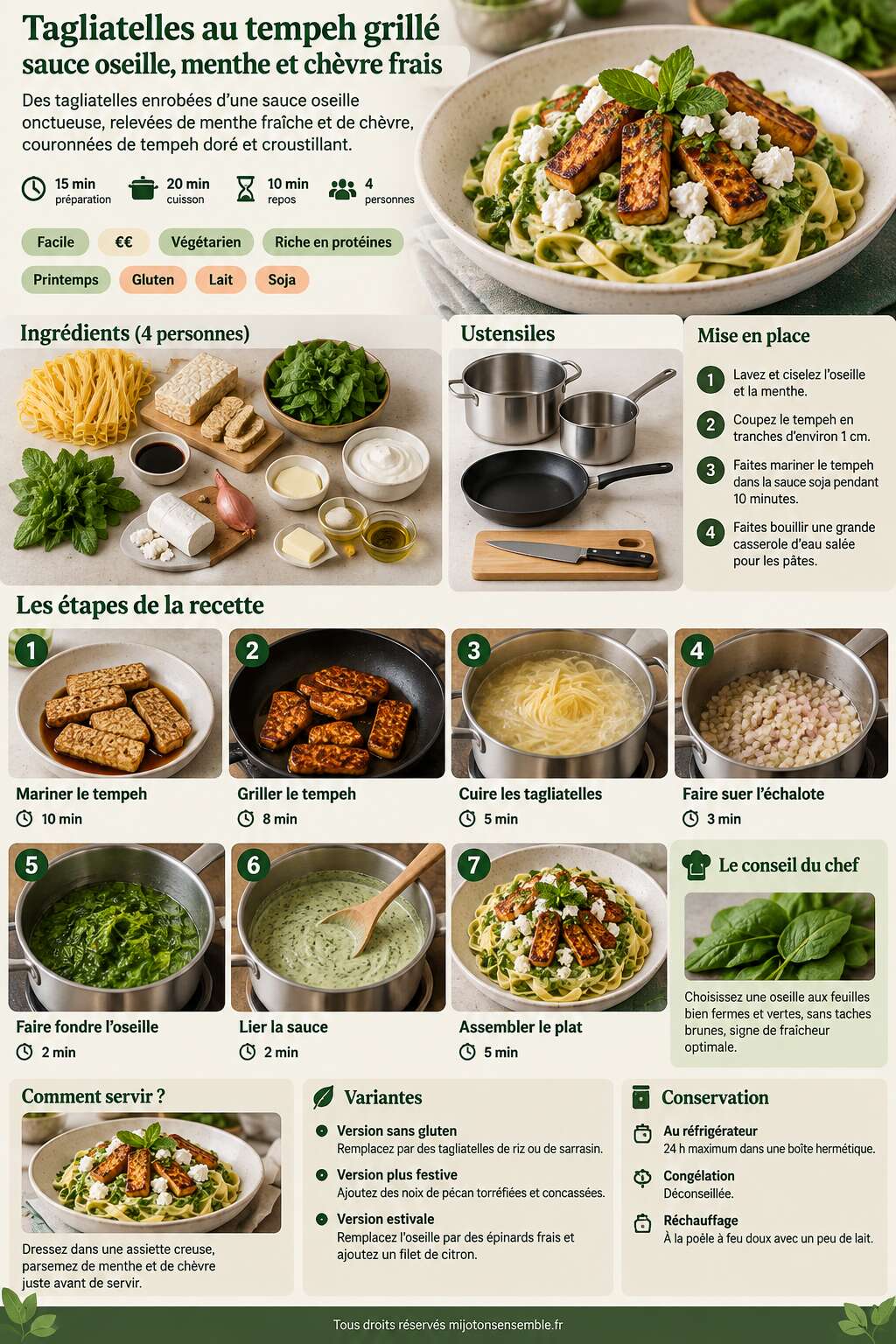 Fiche recette Tagliatelles au tempeh grill&eacute;, sauce oseille, menthe et ch&egrave;vre frais
