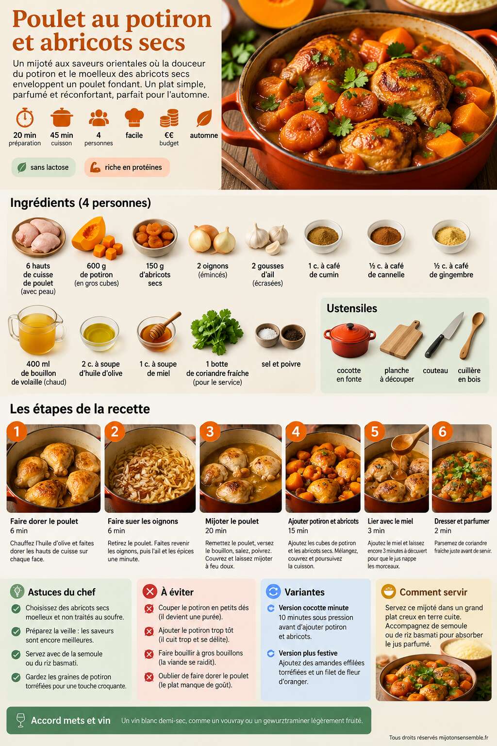Fiche recette Recette poulet au potiron et abricots secs Fiche recette Recette poulet au potiron et abricots secs