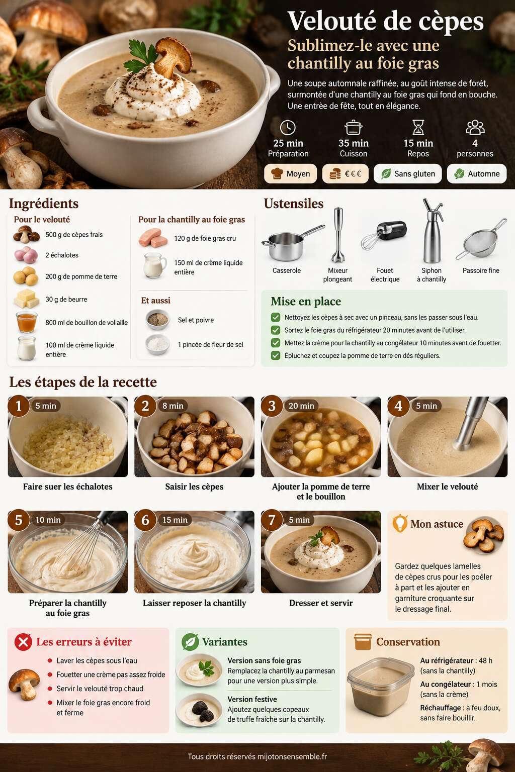 Fiche recette Velouté de cèpes : sublimez-le avec une chantilly au foie gras Fiche recette Velouté de cèpes : sublimez-le avec une chantilly au foie gras