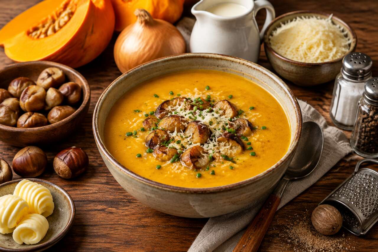 Soupe potimarron, châtaigne et Comté gratinée