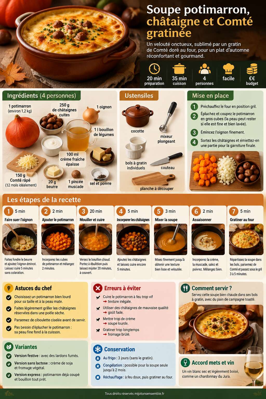 Fiche recette Soupe potimarron, ch&acirc;taigne et Comt&eacute; gratin&eacute;e