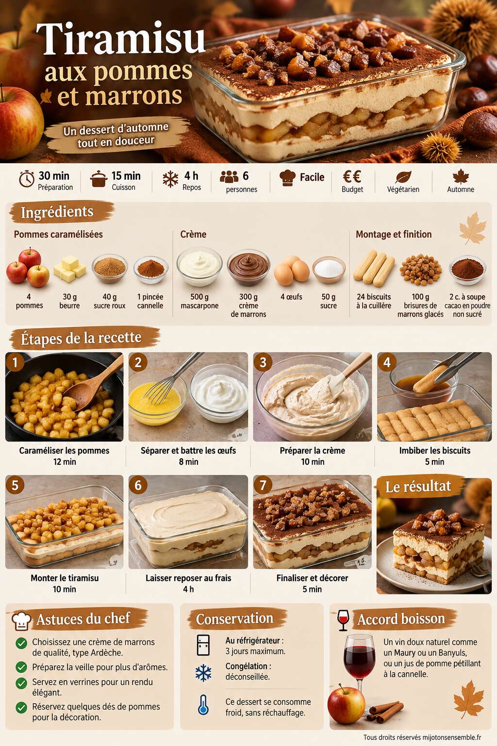 Fiche recette Recette de tiramisu aux pommes et marrons Fiche recette Recette de tiramisu aux pommes et marrons