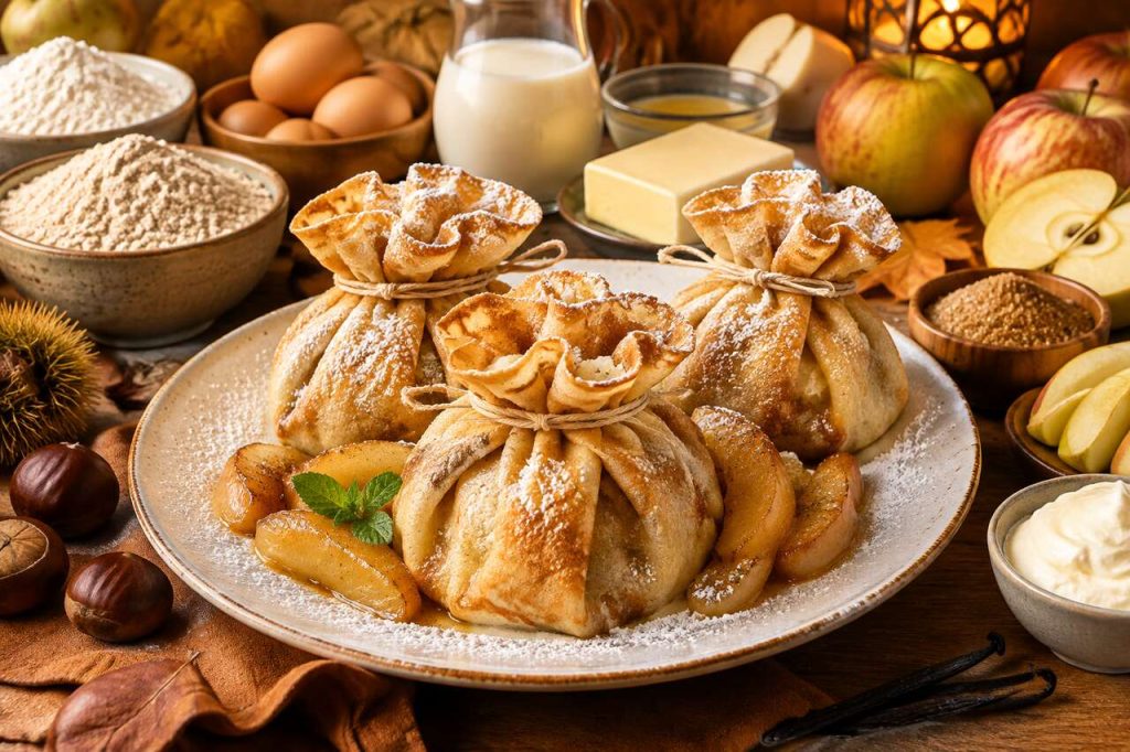 Aumônières de crêpes à la châtaigne, pommes poêlées et mascarpone