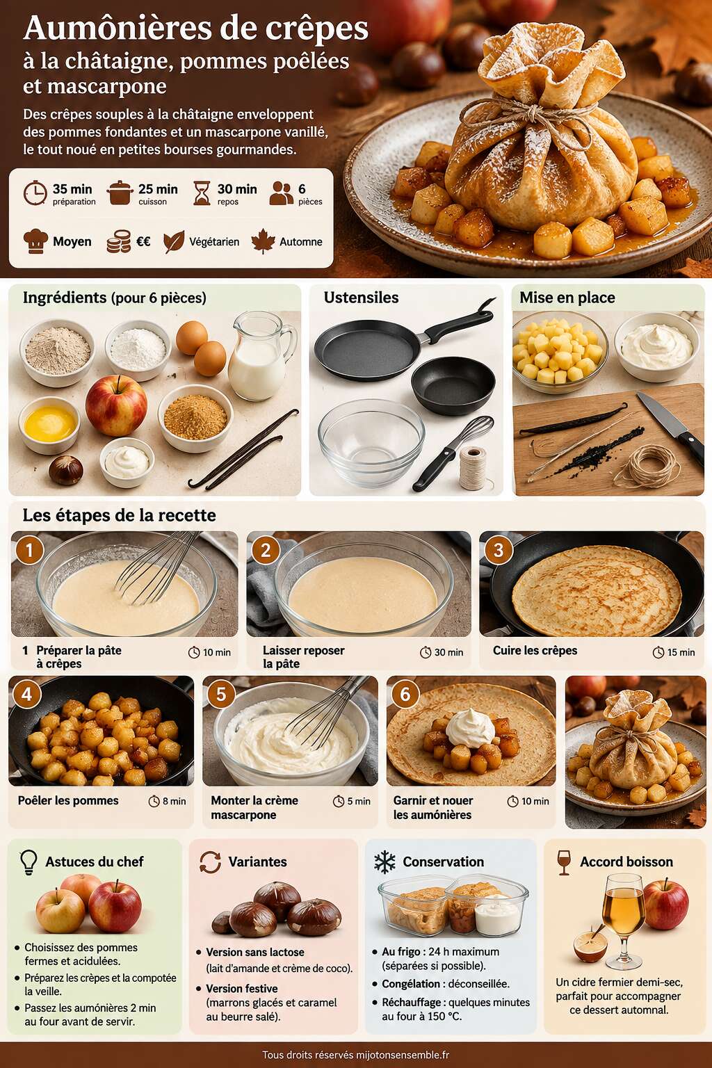 Fiche recette Aumônières de crêpes à la châtaigne, pommes poêlées et mascarpone Fiche recette Aumônières de crêpes à la châtaigne, pommes poêlées et mascarpone