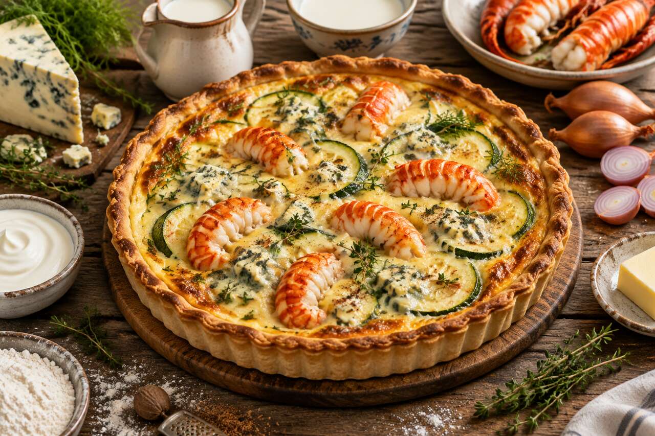 Quiche aux courgettes, écrevisses et Fourme d'Ambert : recette savoureuse