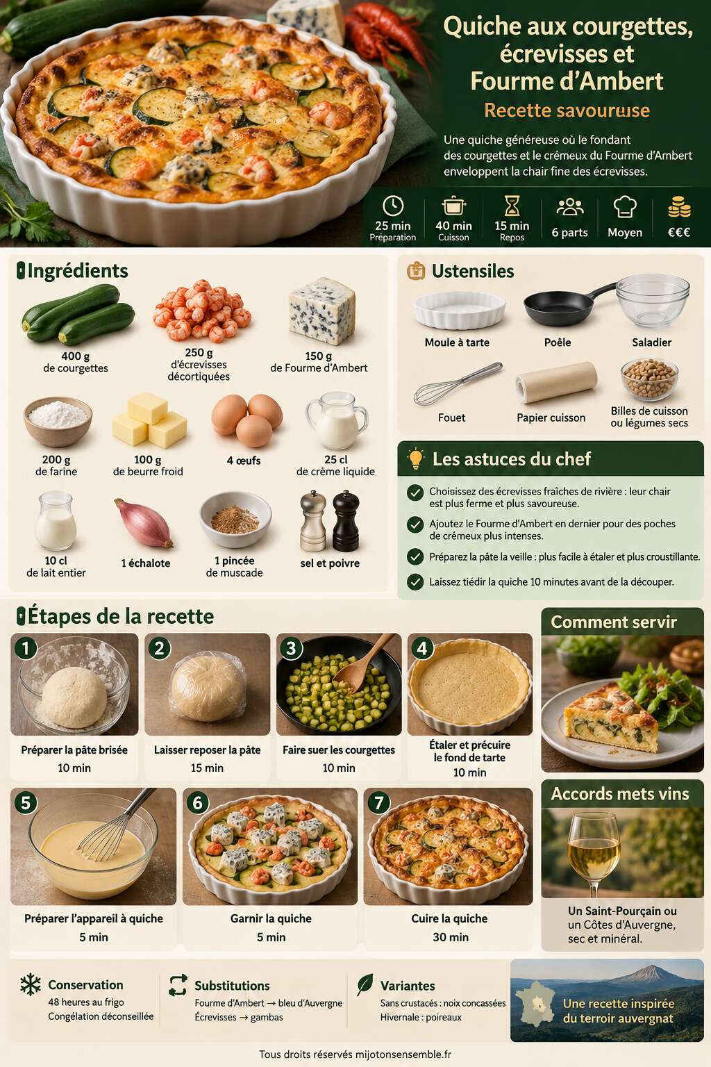 Fiche recette Quiche aux courgettes, écrevisses et Fourme d'Ambert : recette savoureuse Fiche recette Quiche aux courgettes, écrevisses et Fourme d'Ambert : recette savoureuse