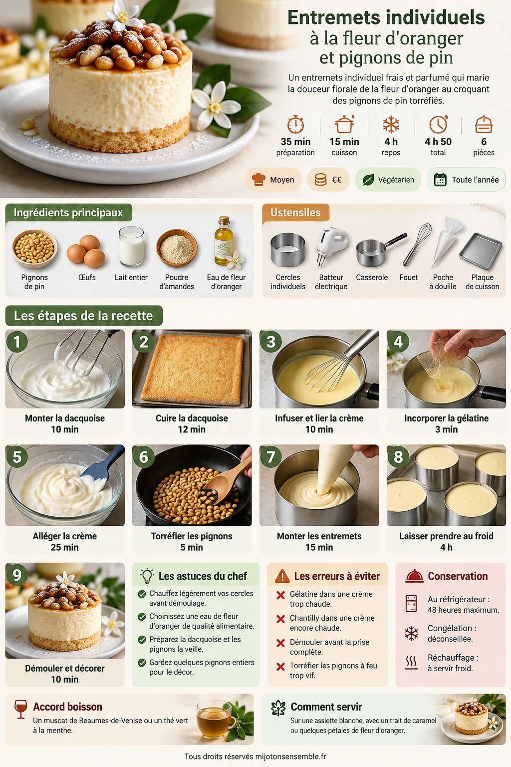 Fiche recette Recette d'entremets individuels &agrave; la fleur d'oranger et pignons de pin