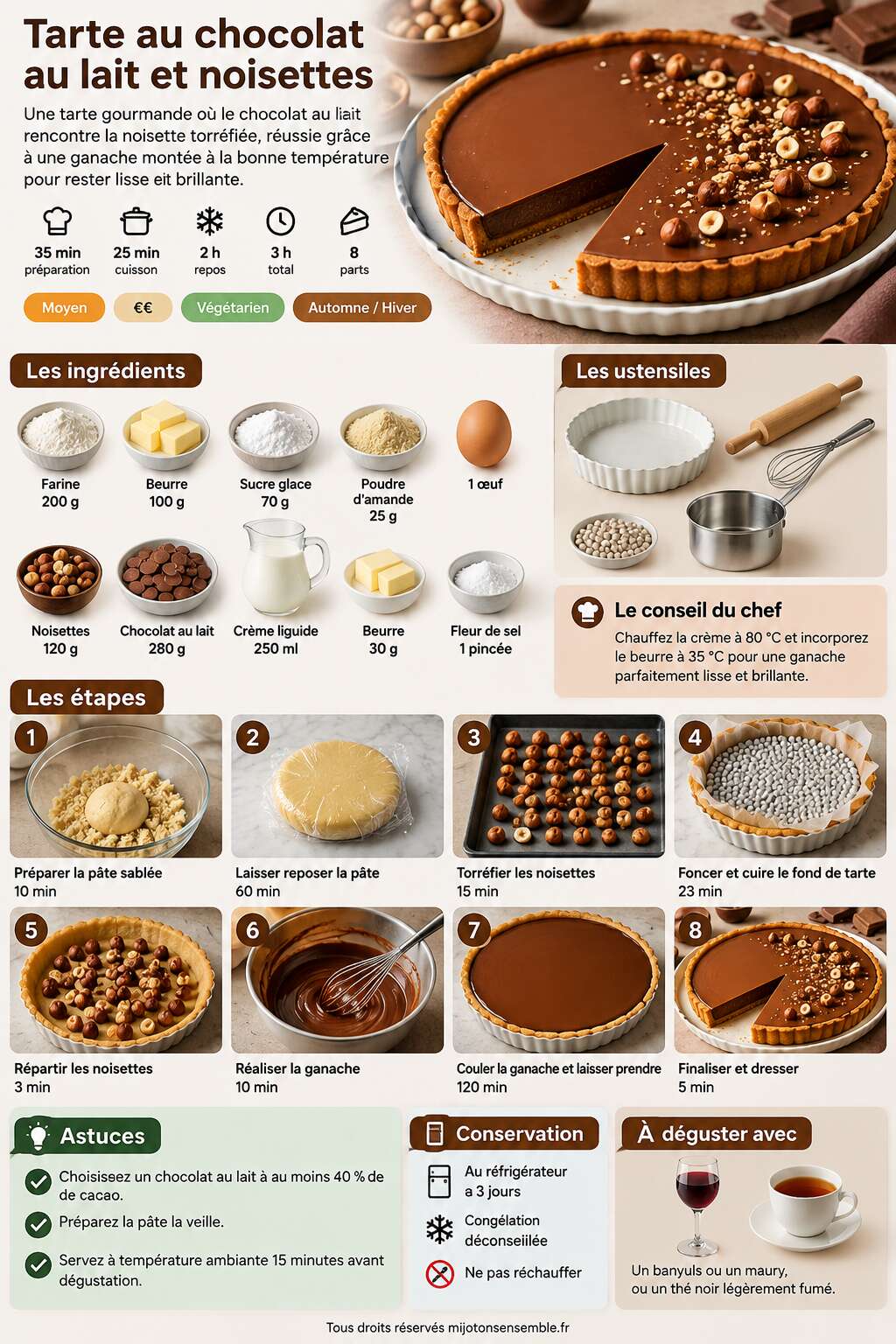Fiche recette Recette de tarte au chocolat au lait et noisettes