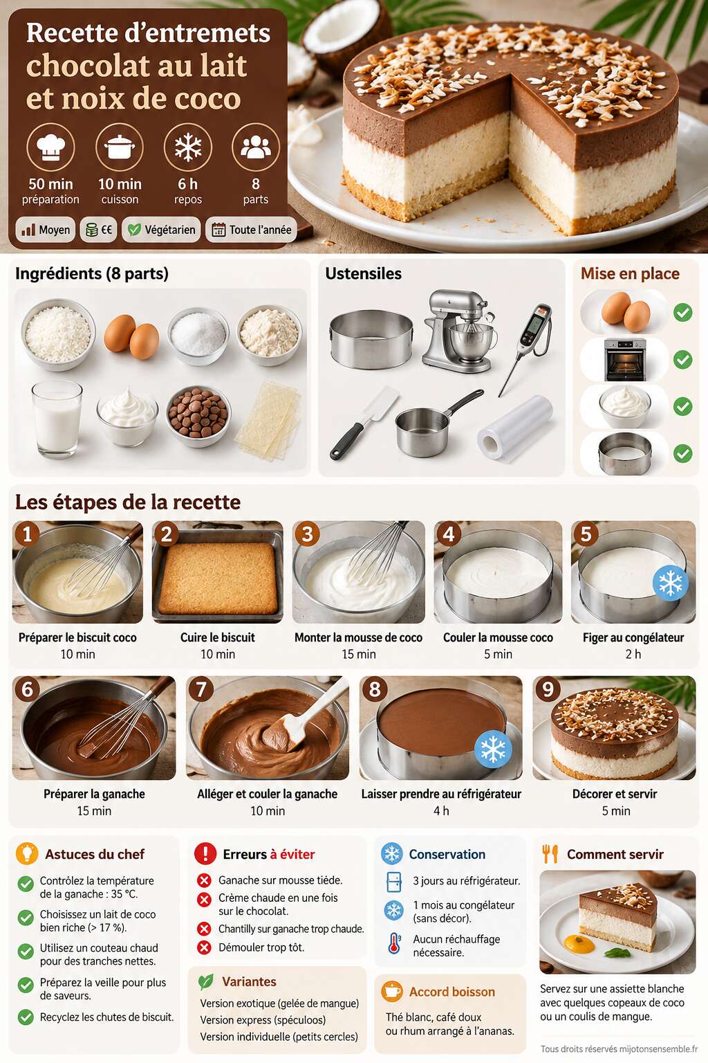 Fiche recette Recette d'entremets chocolat au lait et noix de coco Fiche recette Recette d'entremets chocolat au lait et noix de coco