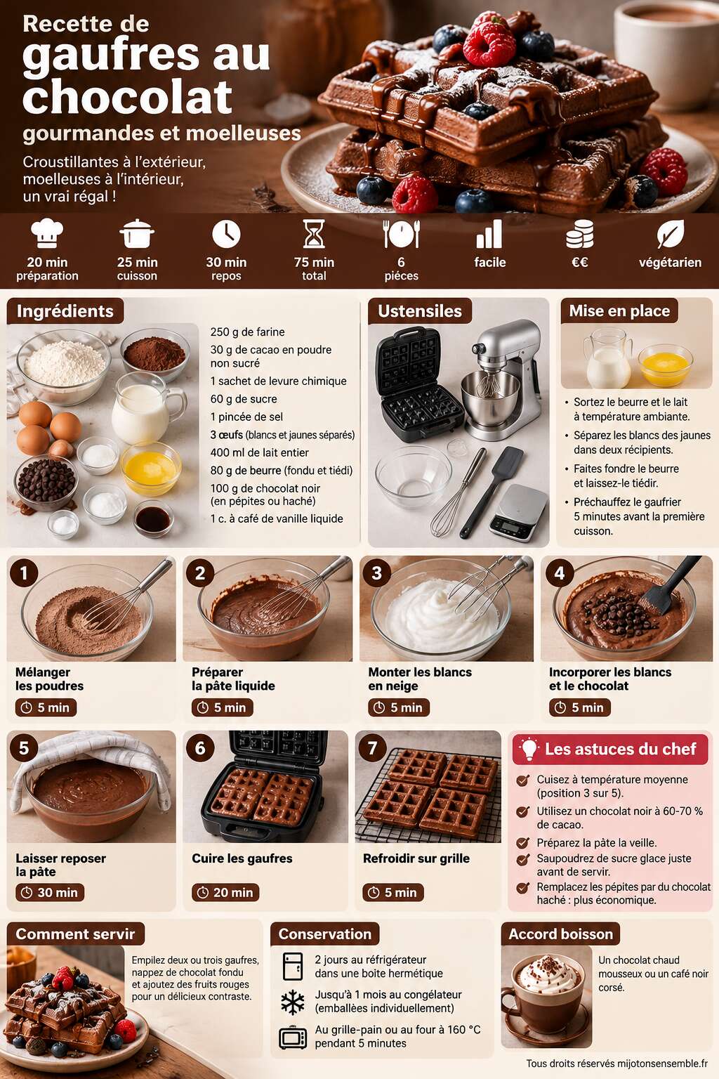Fiche recette Recette de gaufres au chocolat gourmandes et moelleuses Fiche recette Recette de gaufres au chocolat gourmandes et moelleuses