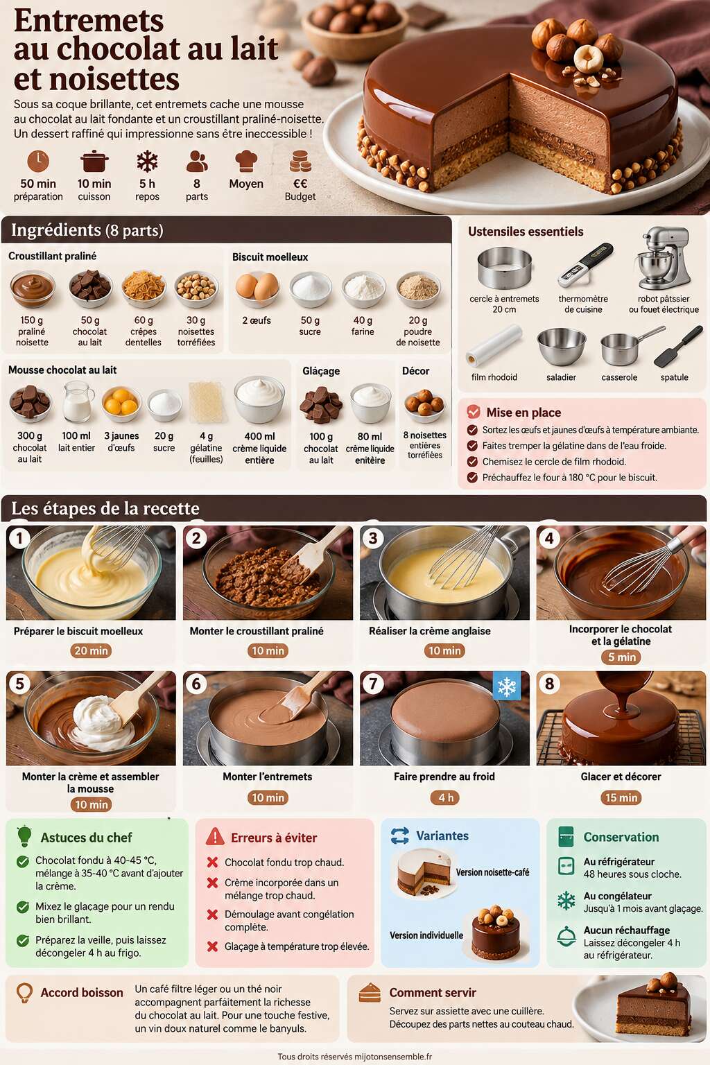 Fiche recette Recette d'entremets au chocolat au lait et noisettes
